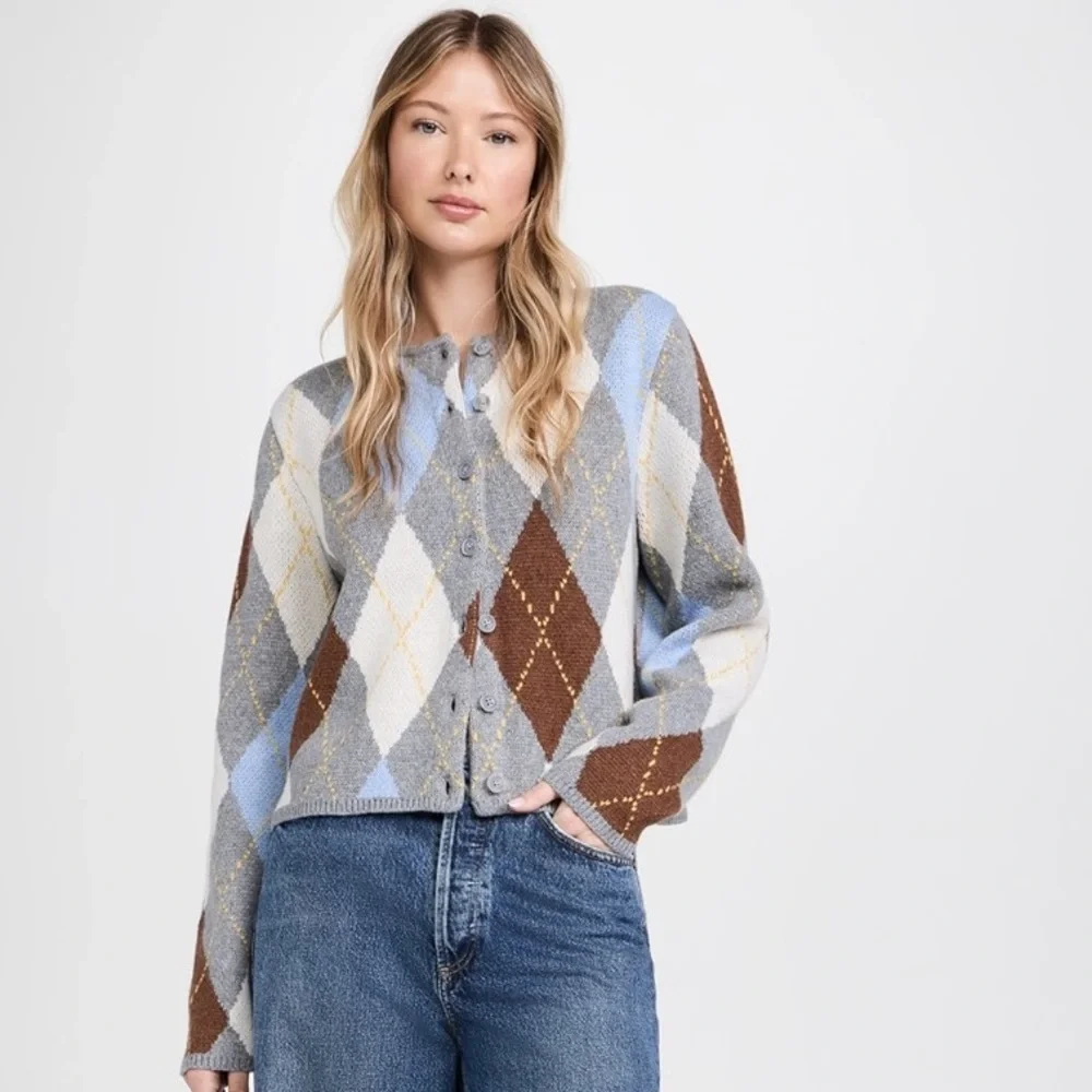 Marled Aggie Argyle Plaid Button-Up Boxy Fit Round Neck Cardigan Sweater_2